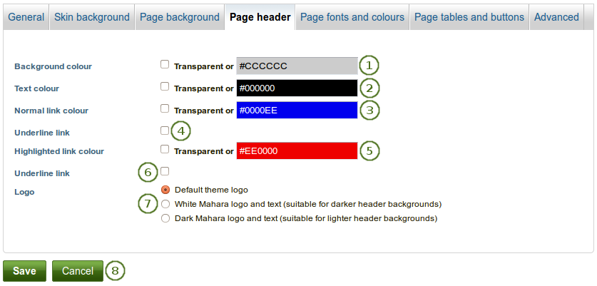 Choose the page header properties