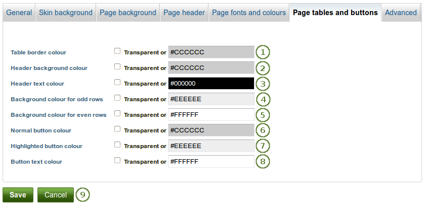 Change table and button properties