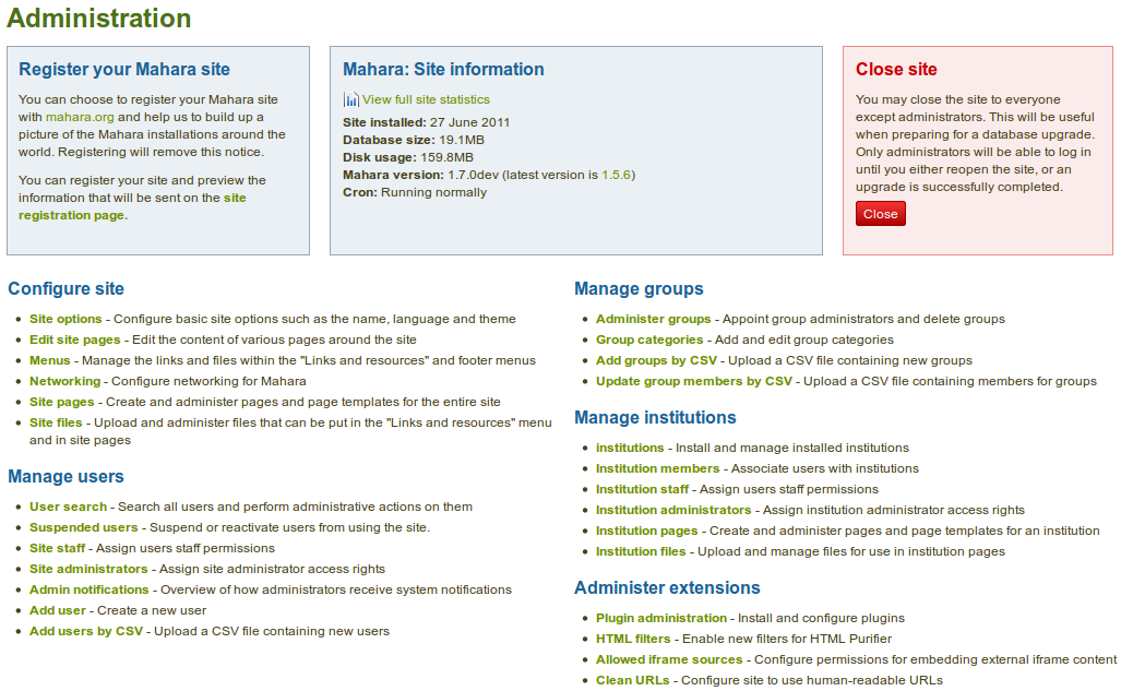 Administration overview page