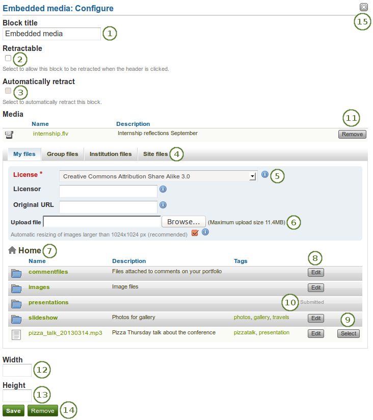 Configure the block Embedded media