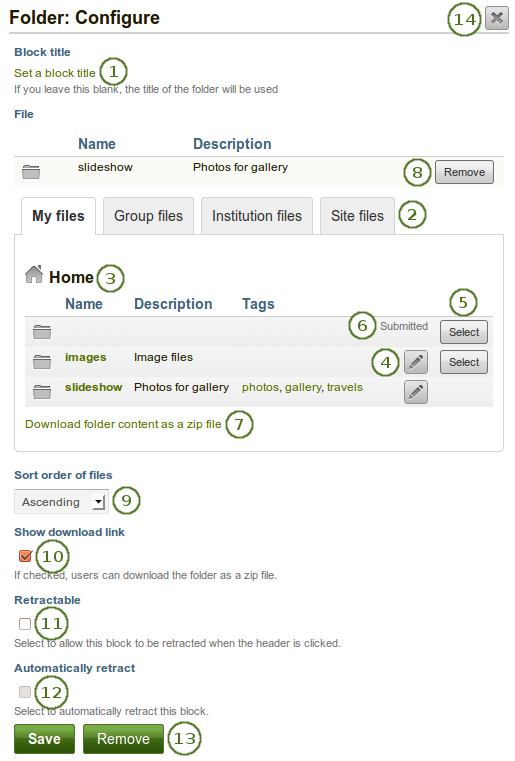 Configure the block Folder