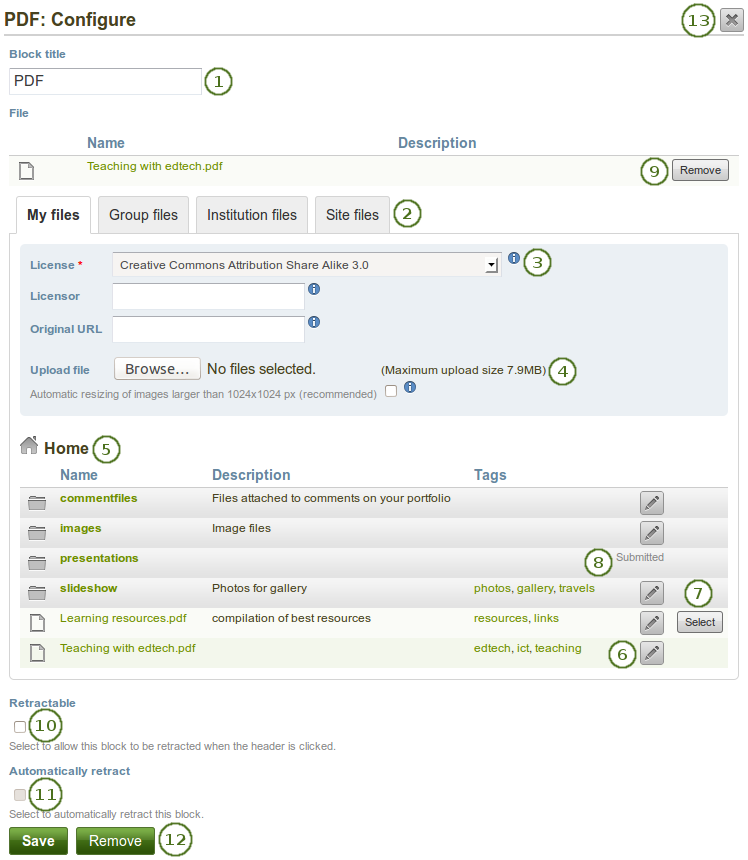 Configure the block PDF