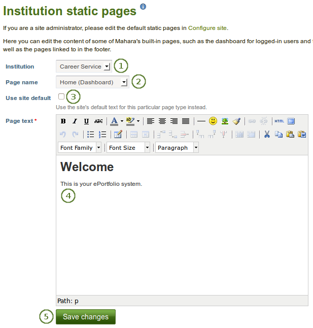Edit static pages for an institution
