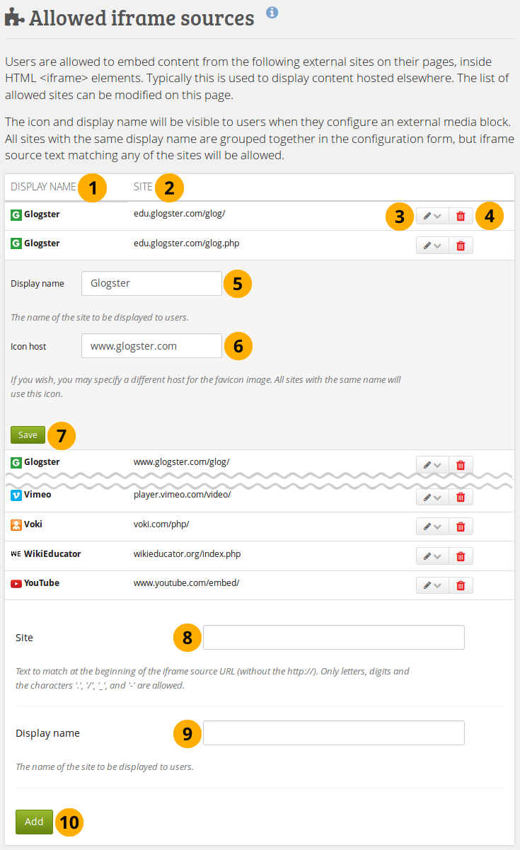 Add and edit allowed iframe sources