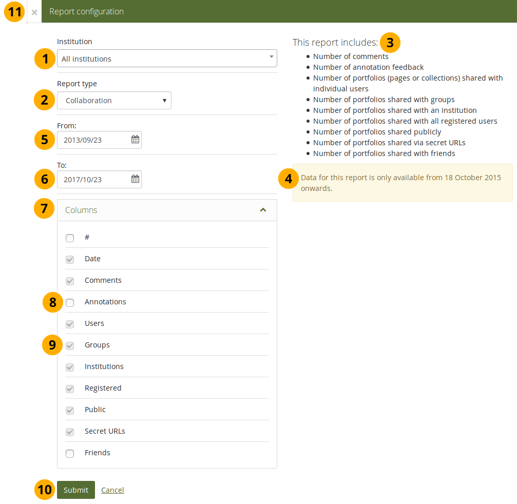 Configuration screen for the reports