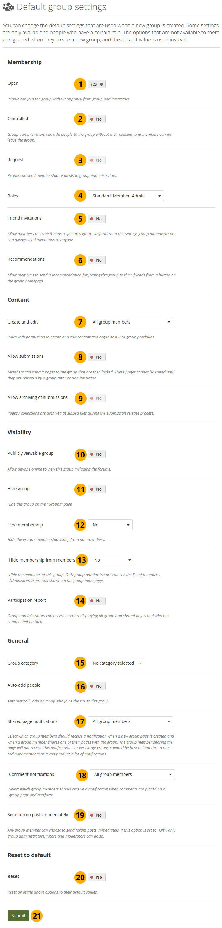 Decide on the default settings for new groups