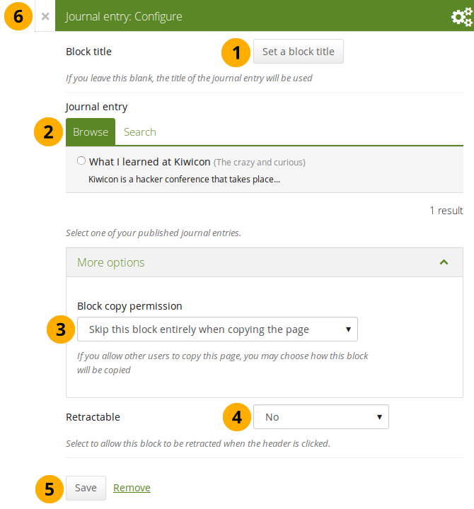 Configure the journal entry block