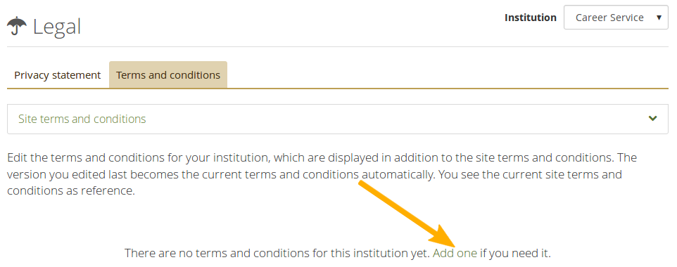 Legal statements overview page on the institution level without any statements