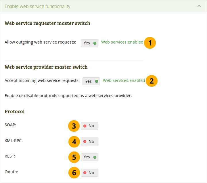 Switch web services and individual protocols on and off