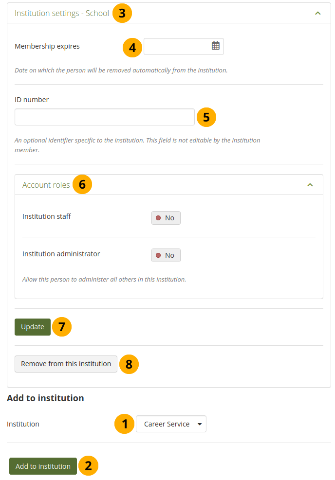 Institution settings for a person