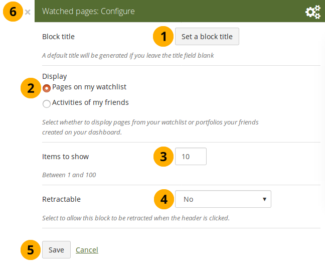 Configure the 'Watched pages' block for your watchlist