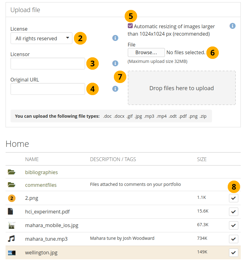 Options on the file attachment screen