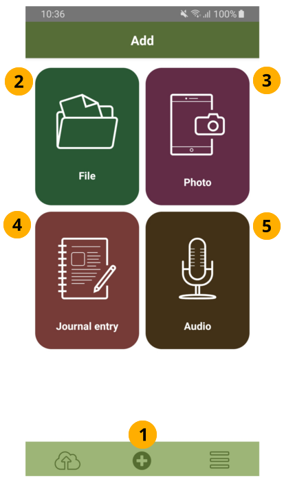 'Add' screen where you can upload files, take photos, record audio, and add journal entries.