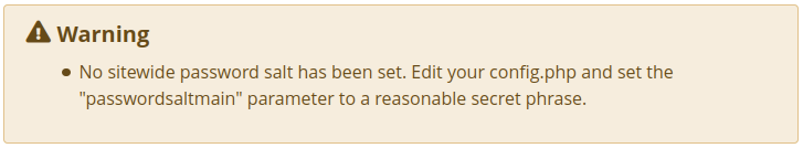 Example of a warning on the 'Admin home' page