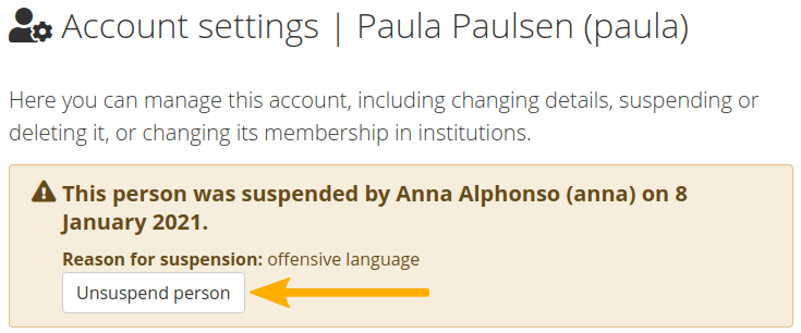 Suspension notice on the person's account settings page