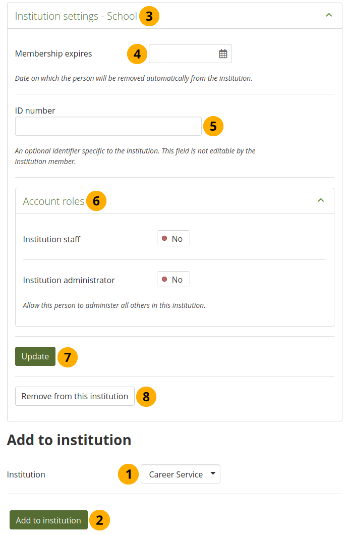 Institution settings for a person