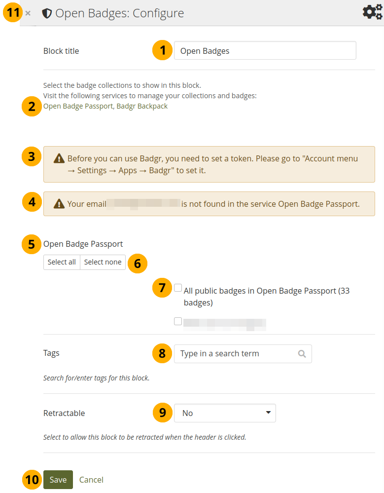 Configure the Open Badges block