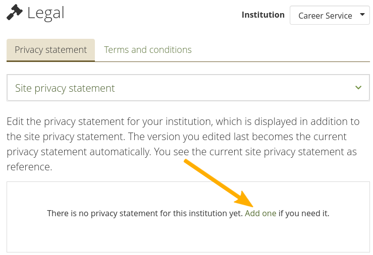 Legal statements overview page on the institution level without any statements