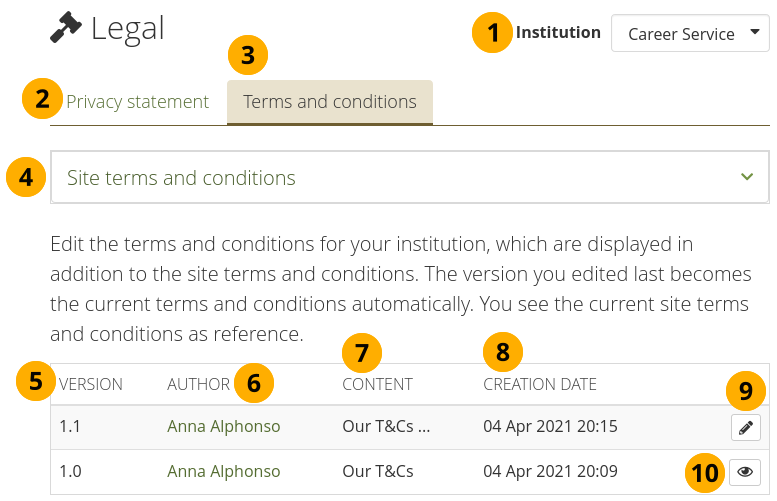 Legal statements overview page on the institution level