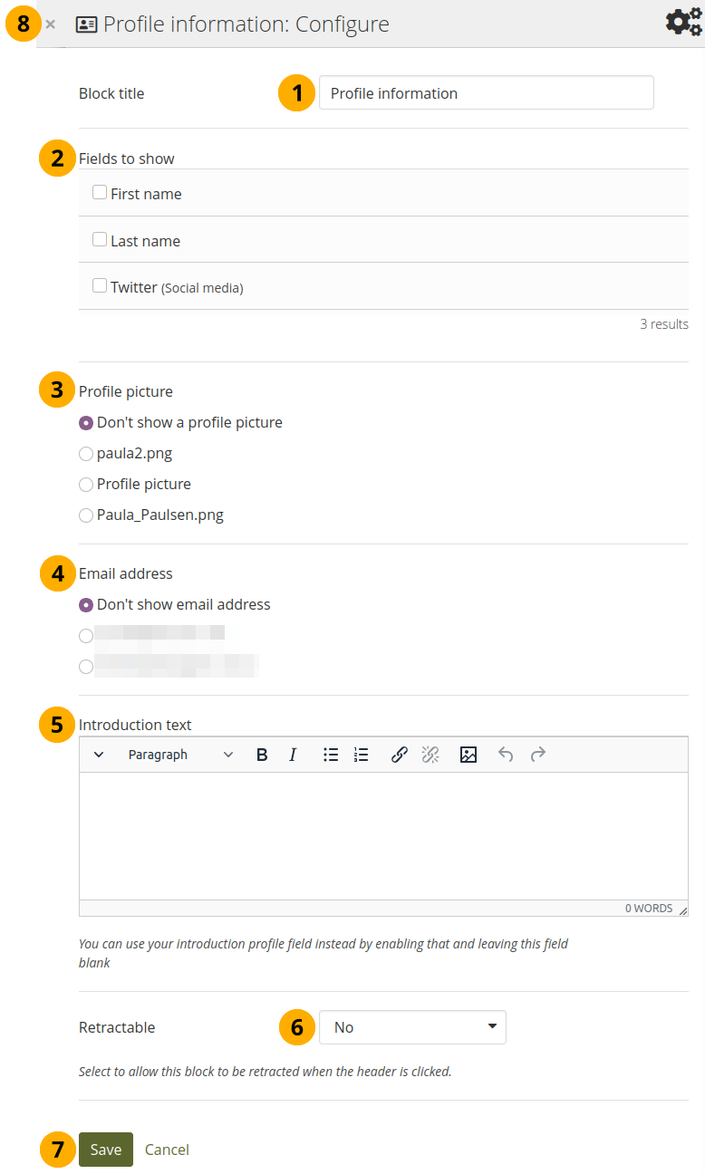 Configure the block Profile information