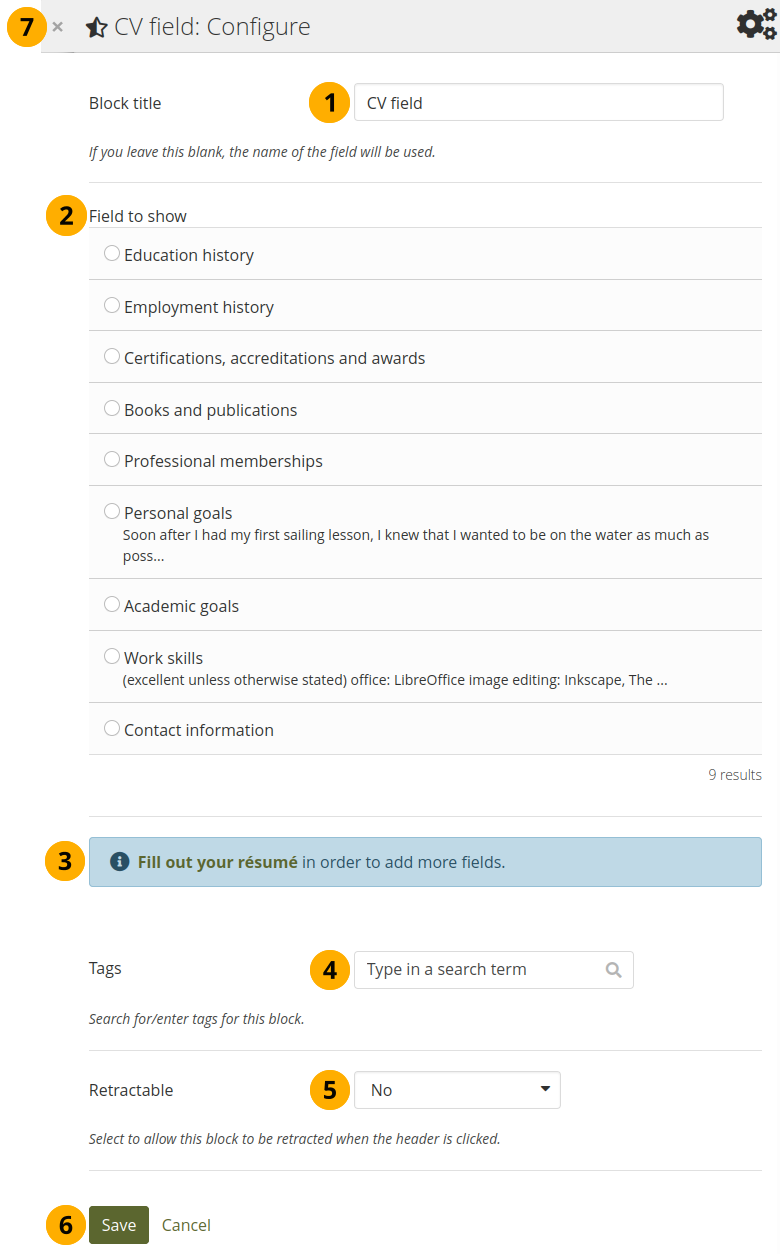 Configure the block One résumé field