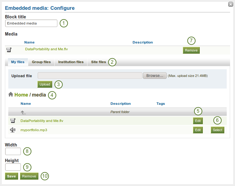 Configure the block Embedded media