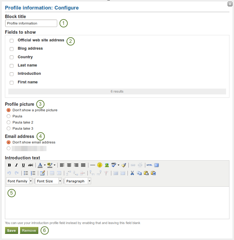 Configure the block Profile information