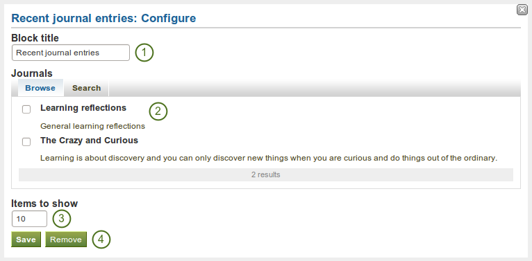 Configure the recent journal entries block