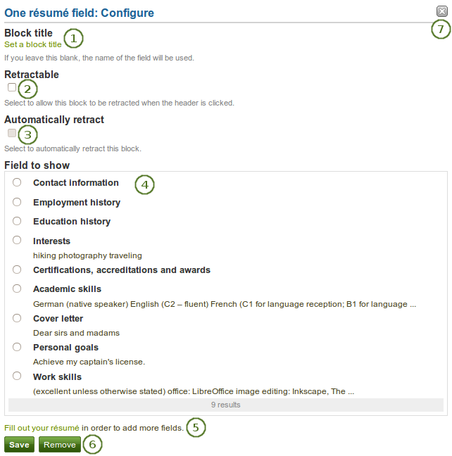 Configure the block One résumé field