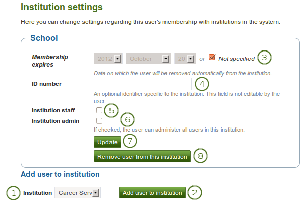 Institution settings for a user