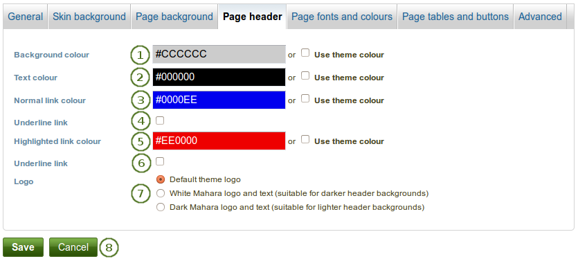 Choose the page header properties