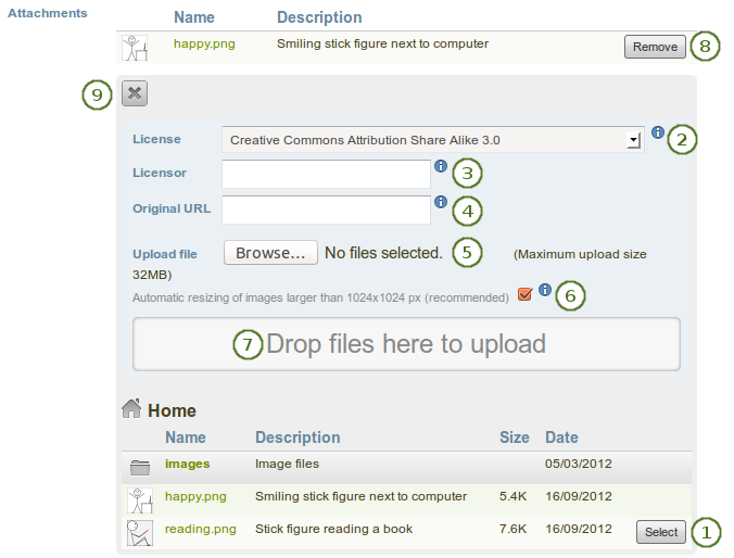 Options on the file attachment screen