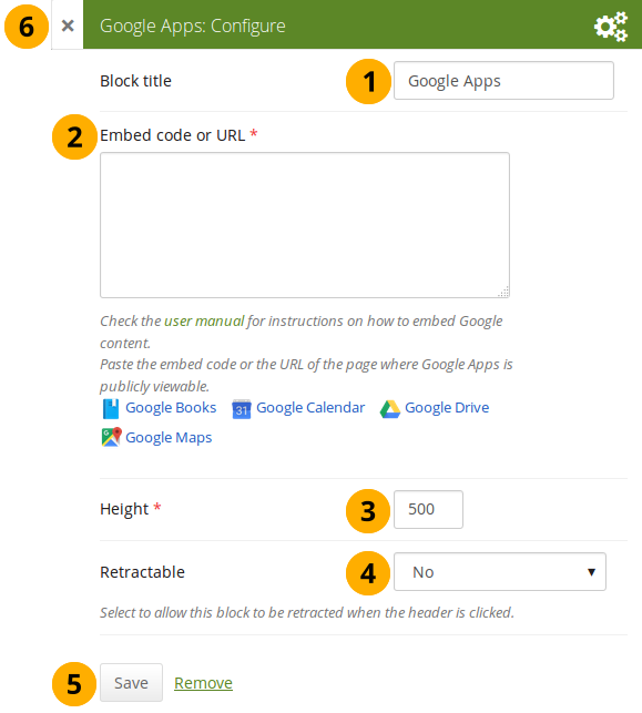 Configure the Google Apps block