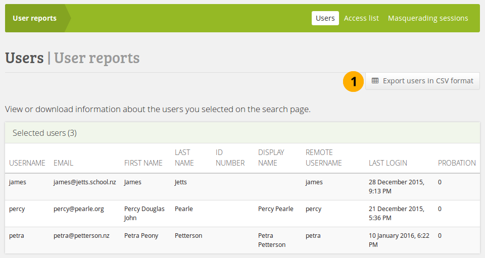 User reports page