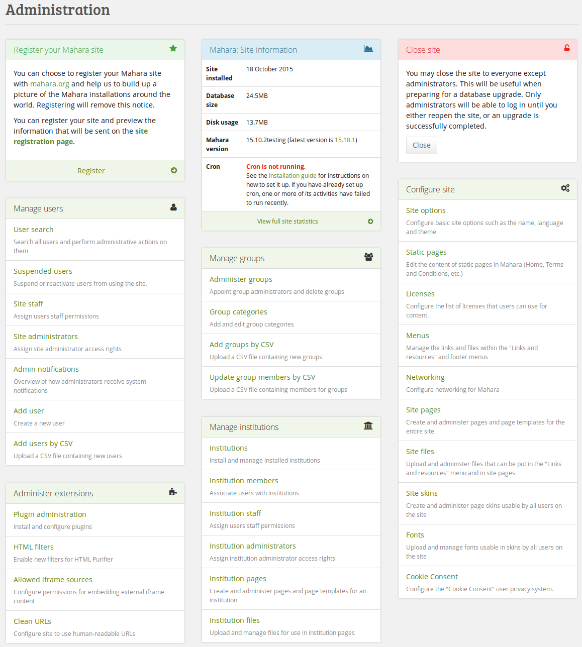 Administration overview page