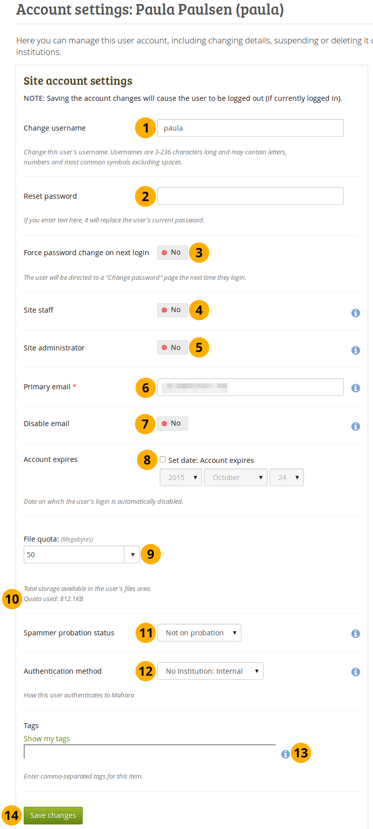 Site account settings of a user