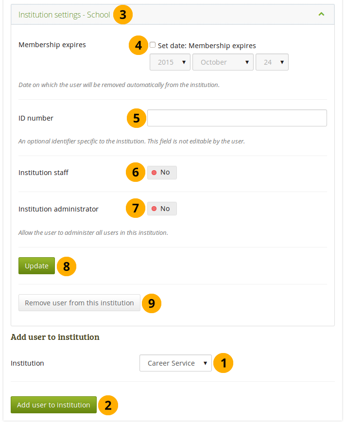 Institution settings for a user