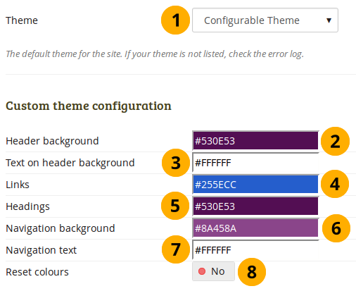 Colour options for the configurable theme