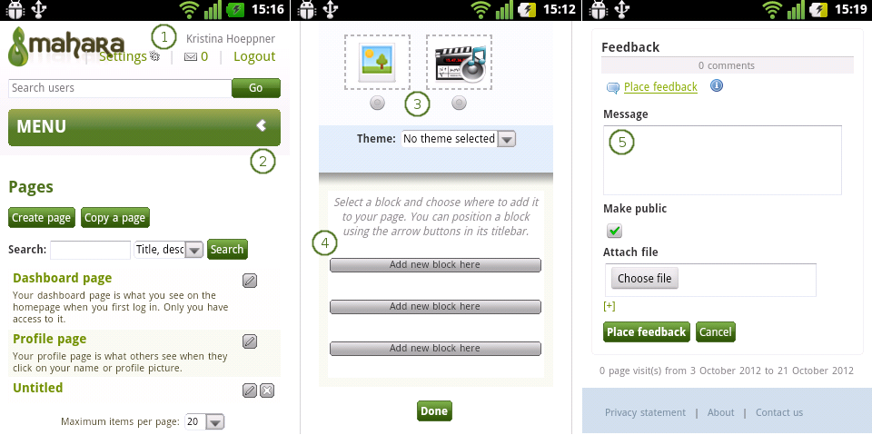 3 different screens of Mahara with the default theme on an Android phone with device detection turned on