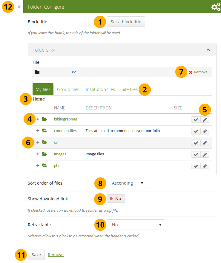 Configure the "Folder" block