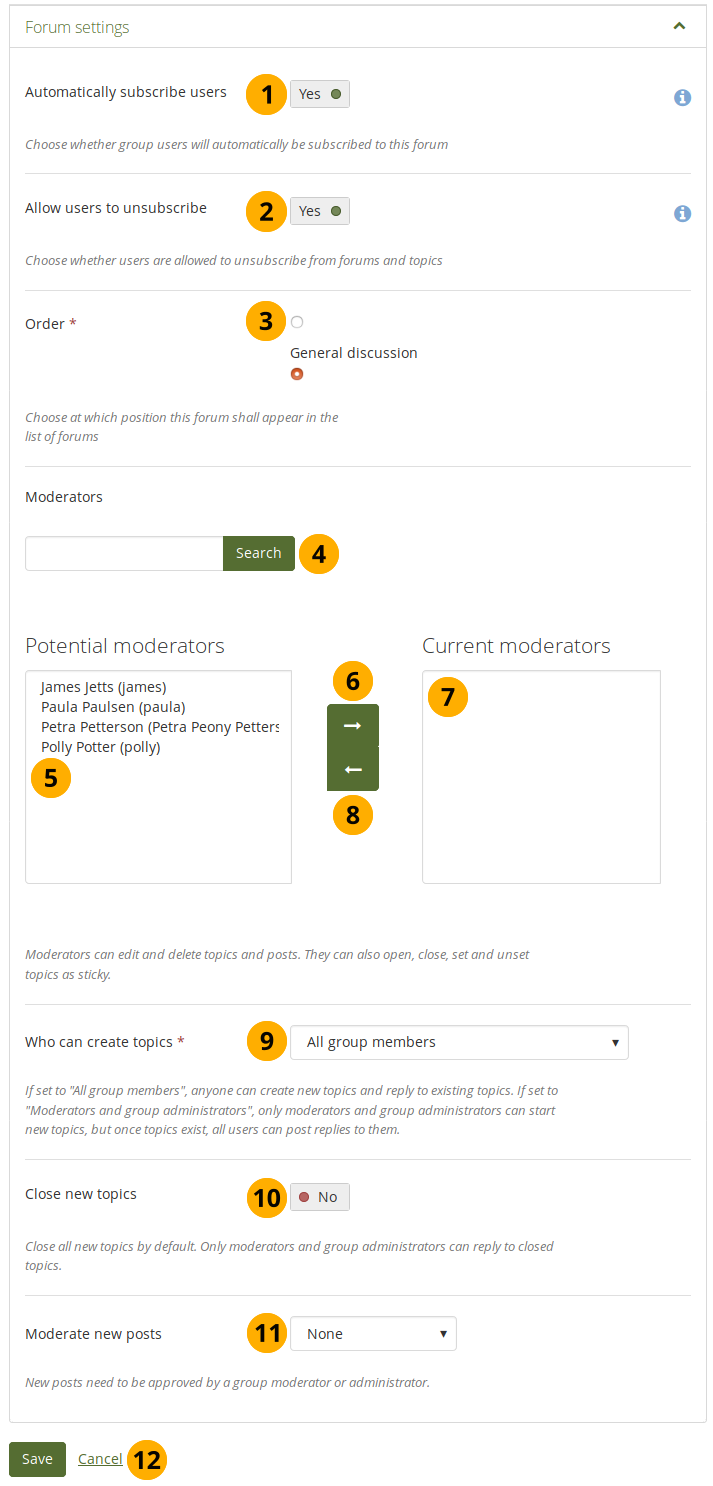 Choose further settings in the forum