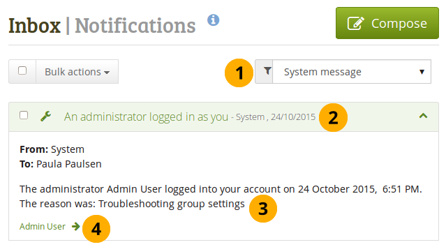 Notification a user receives when an administrator masquerades