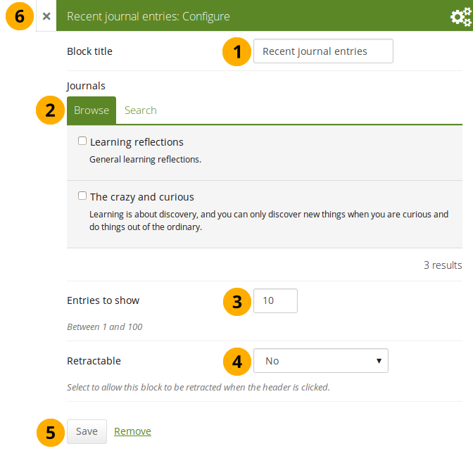 Configure the recent journal entries block