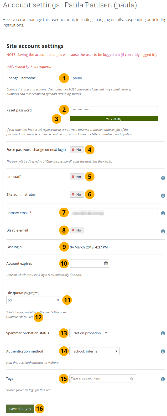 Site account settings of a user