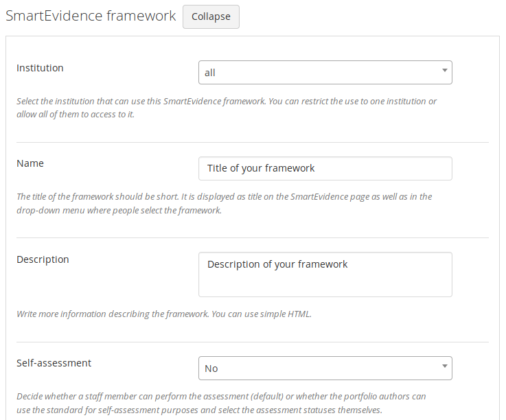 Fill in a form to set up a SmartEvidence framework