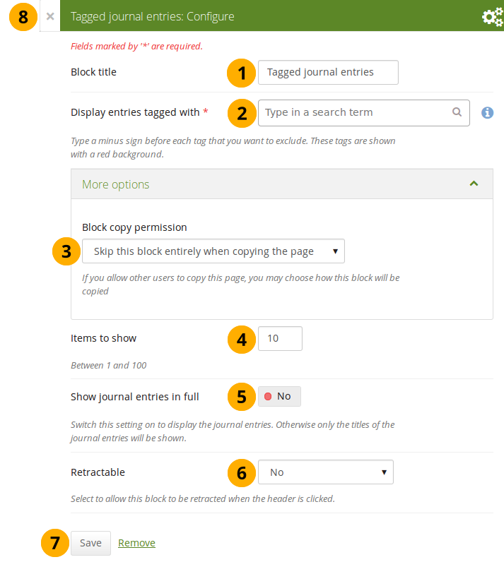 Configure the tagged journal entries block