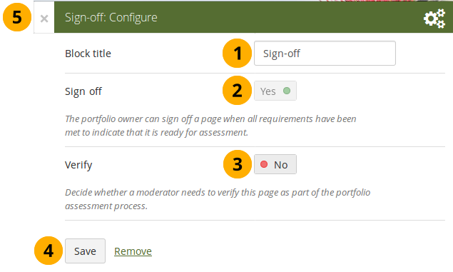 Configure the "Sign-off" block