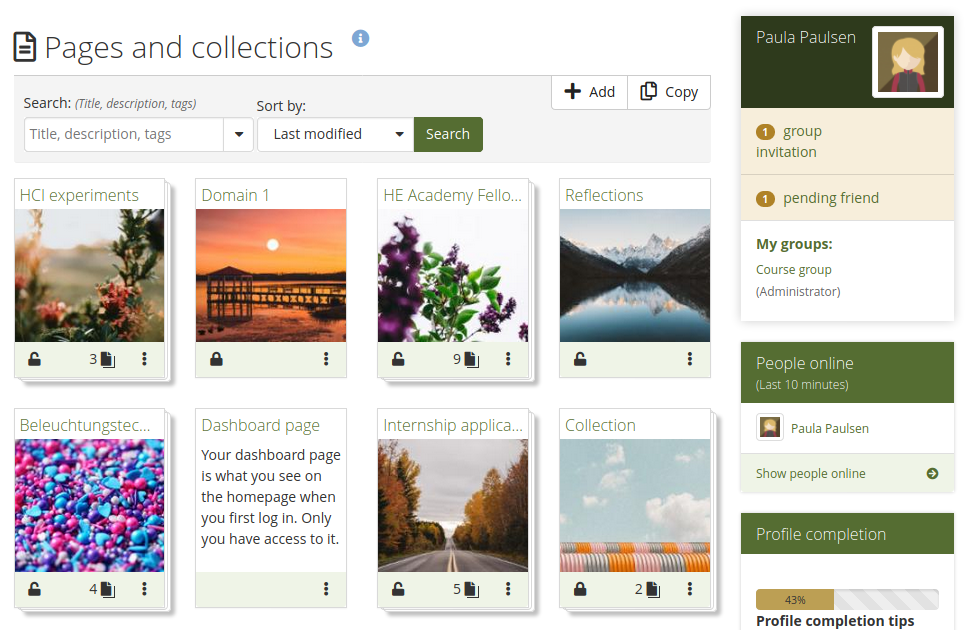 Overview page for 'Pages and collections' with cover images