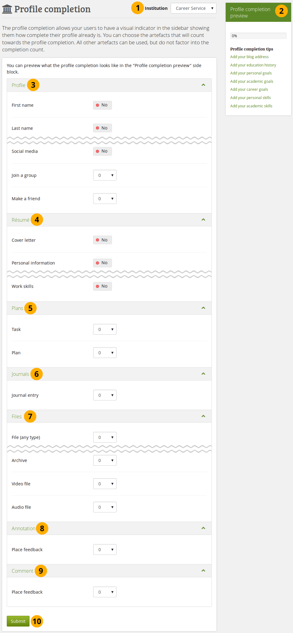 Set up profile completion for an institution