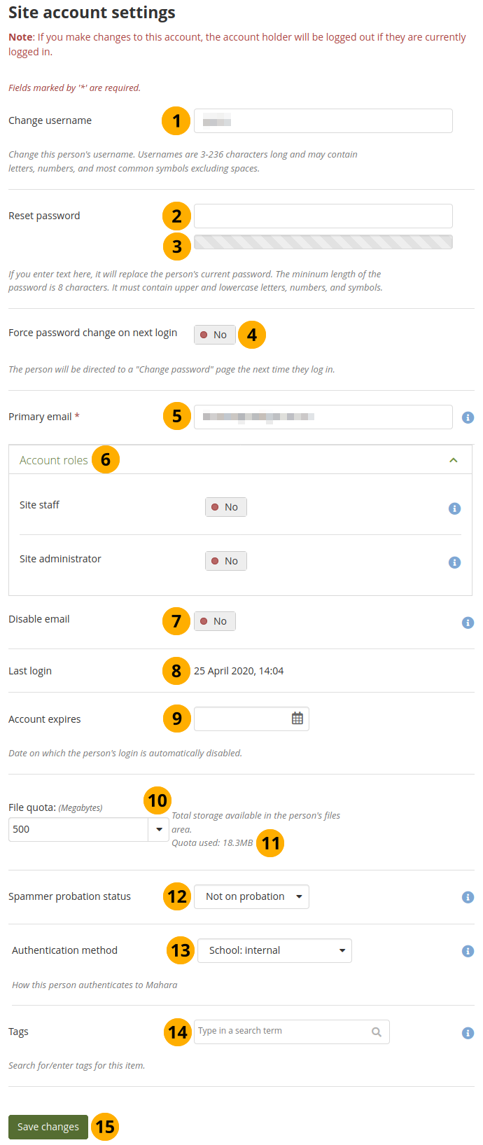 Site account settings of a person